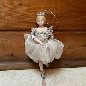 Vintage Porcelain Ballerina Figurine Ornament White Silver